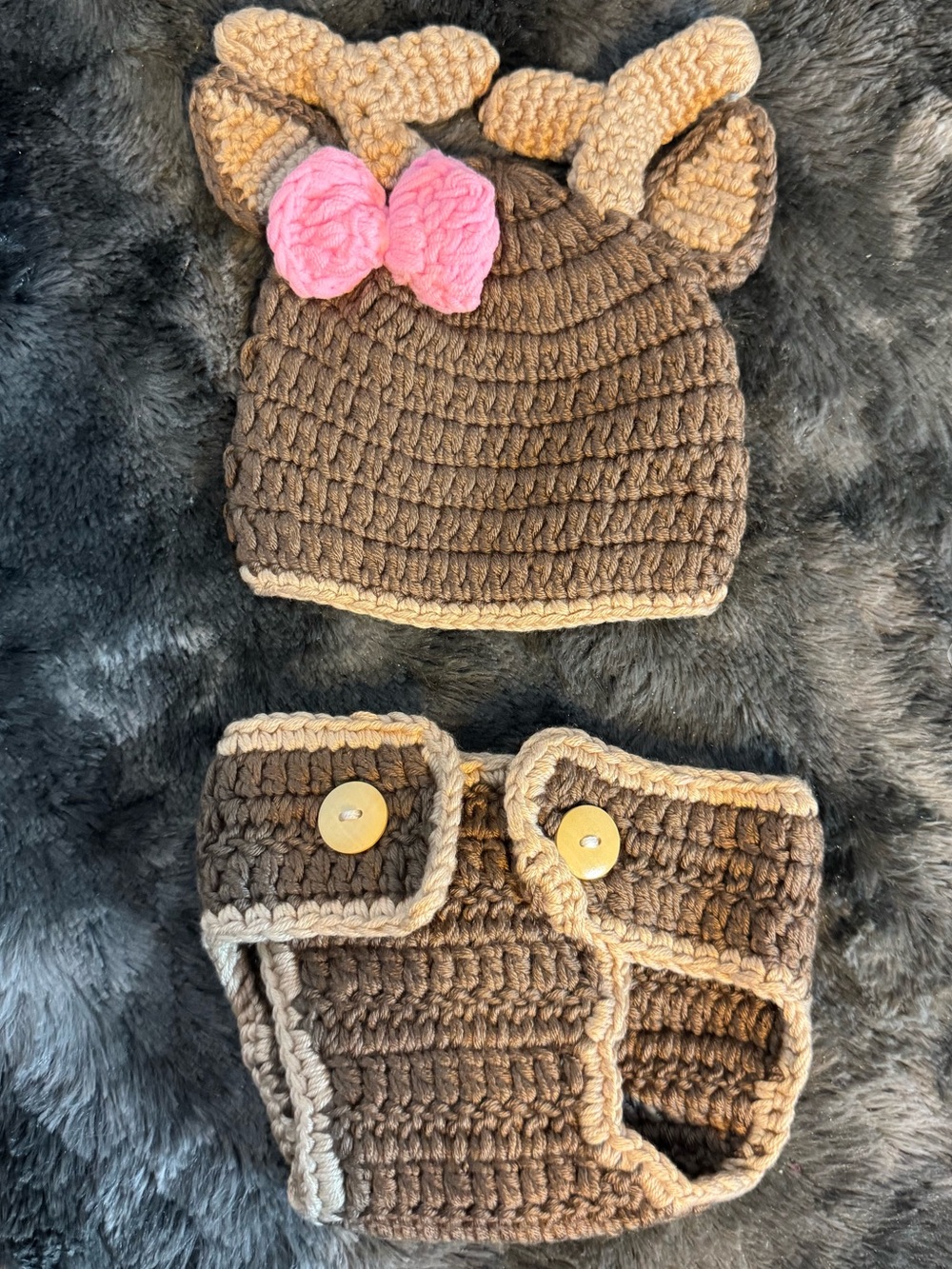 Handmade Brown Crochet Deer Hat and Diaper Cover Set with Pink Bow